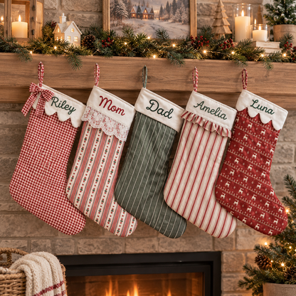 Personalized Embroidered Name Christmas Stocking Plaid & Stripe Holiday Stocking with Optional Bow CH07 180814