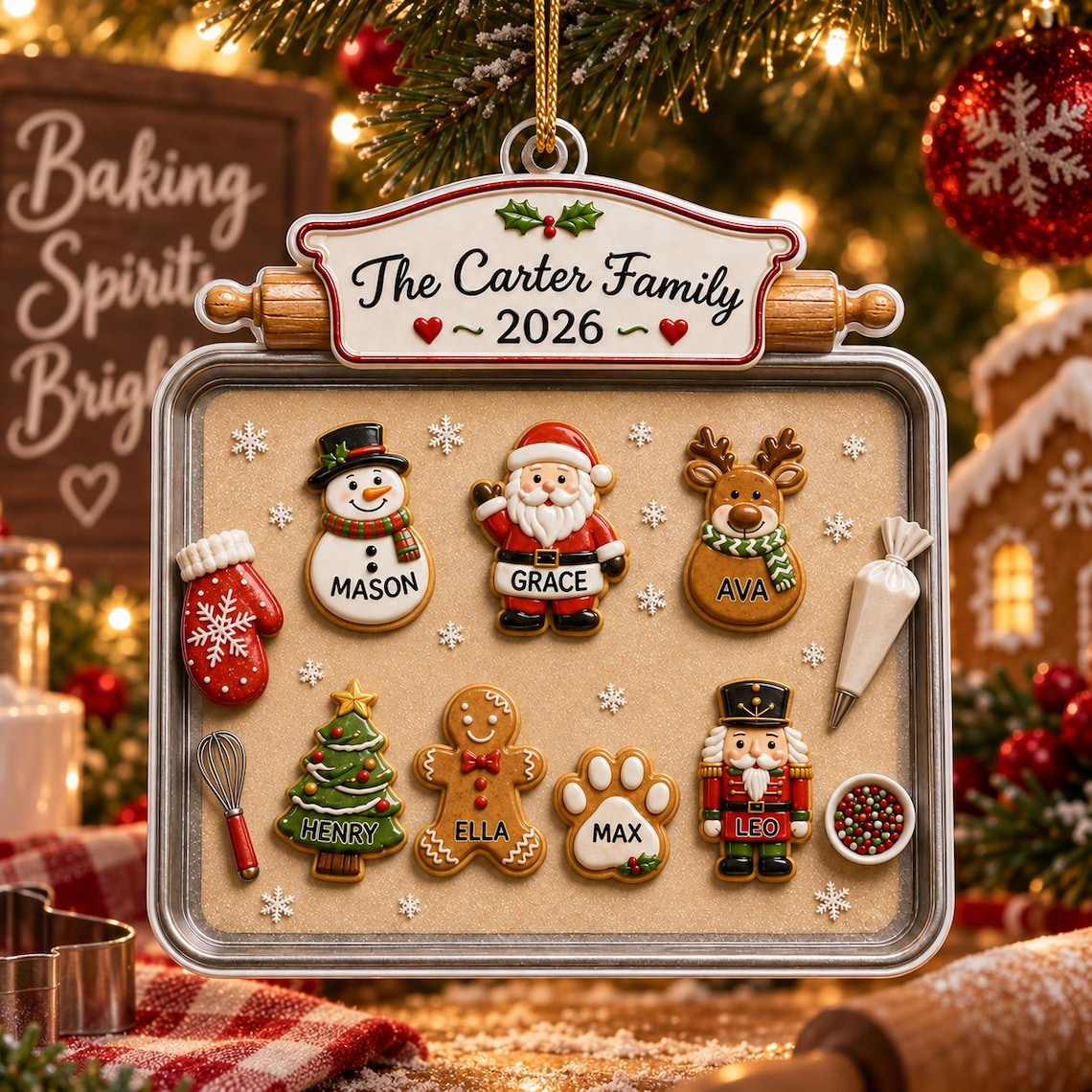 3D Raised Acrylic Family & Pet Christmas Cookie Tray Ornament, Custom Names