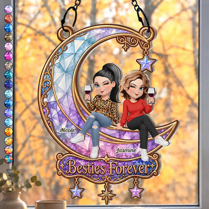 Best Friend Keepsake - Personalized Besties Forever Sitting On Moon Window Hanging Suncatcher Ornament