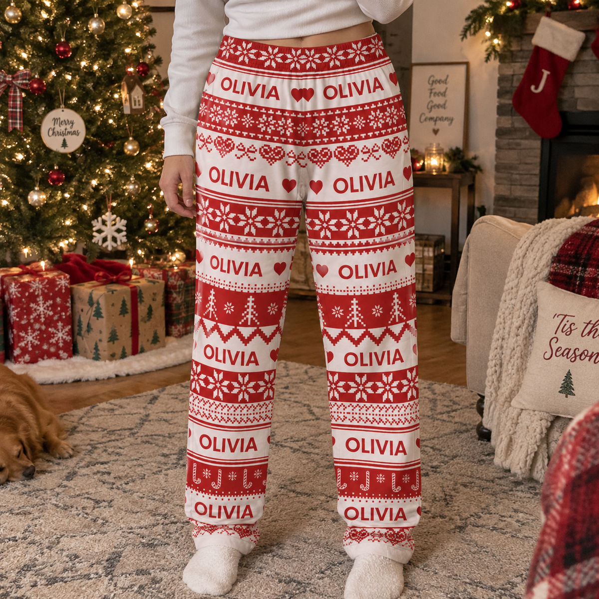 Xmas Gift, Custom Name, Fair Isle Knit Pattern - Personalized Lounge Pants