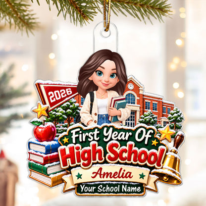 First Year Of High School Snowy Schoolhouse - Personalized Acrylic Ornament - Christmas Gift For Freshman, Son, Daughter, Grandkids