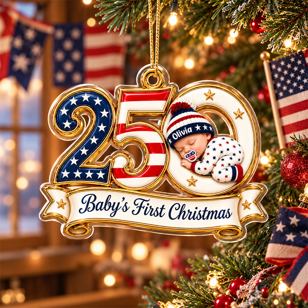 Personalized 250th Anniversary of the USA Baby’s First Christmas Patriotic Acrylic Ornament HO82 903826