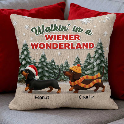 Christmas Dachshunds Walking In A Wiener Wonderland - Personalized Pillow - Gift For Dachshund Lovers