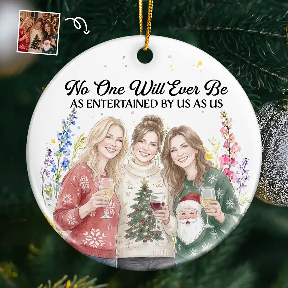 Christmas Gift For Best Friend - Personalized Custom Photo Watercolor Floral Circle Ceramic Ornament
