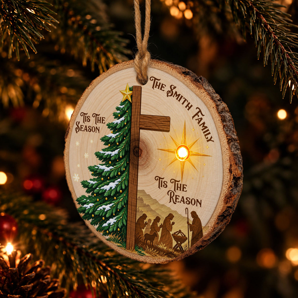 Tis The Season Tis The Reason - Nativity Scene Christian Light Up - Personalized Ornament
