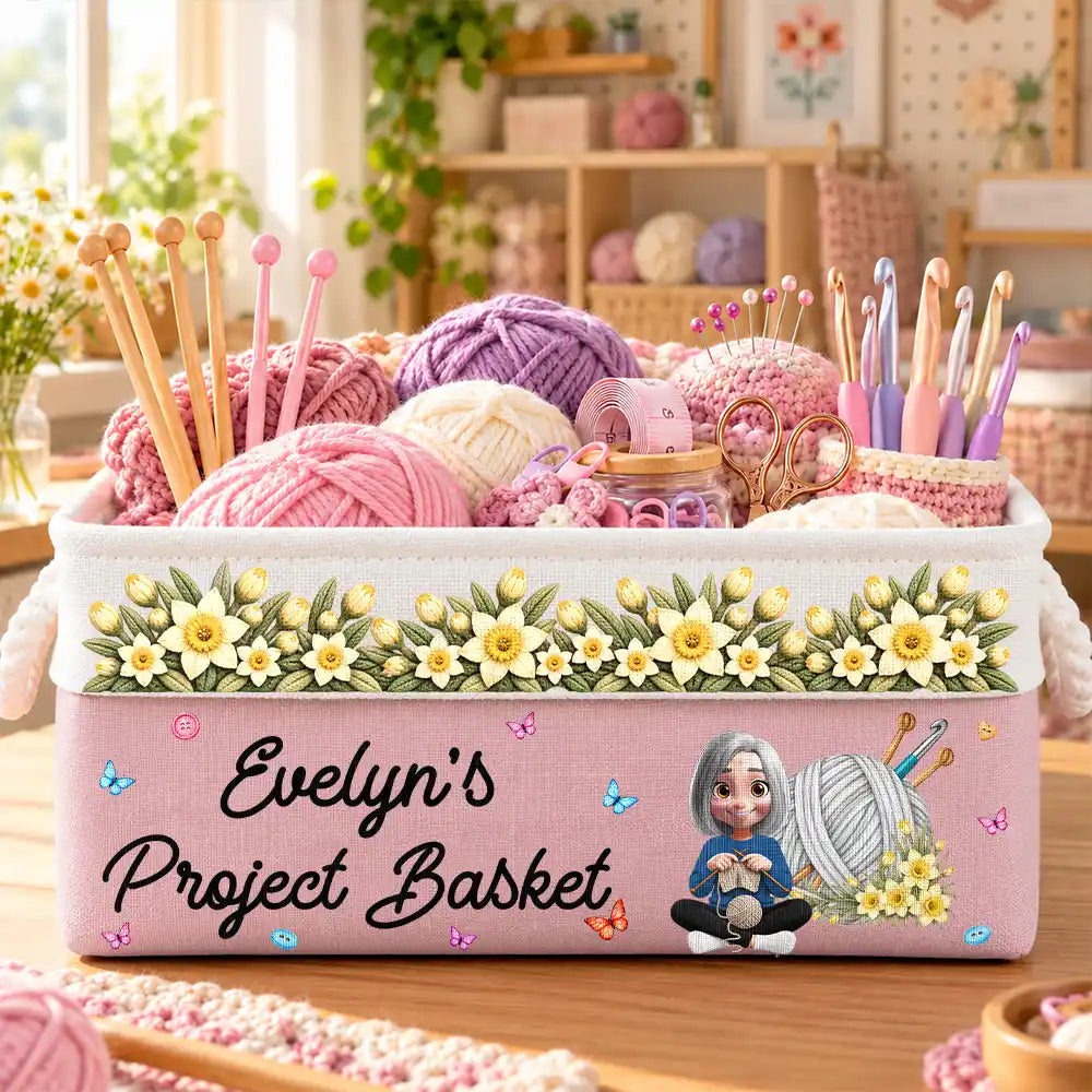 Gift For Knitter Crocheter Mom Grandma - Personalized Character & Name Yarn Ball With Birth Flower Storage Basket