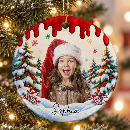 Christmas Gift For Kids Family - Personalized Custom Photo & Name Kid Portrait In Snowy Forest With Paint Drip Circle Ceramic Ornament
