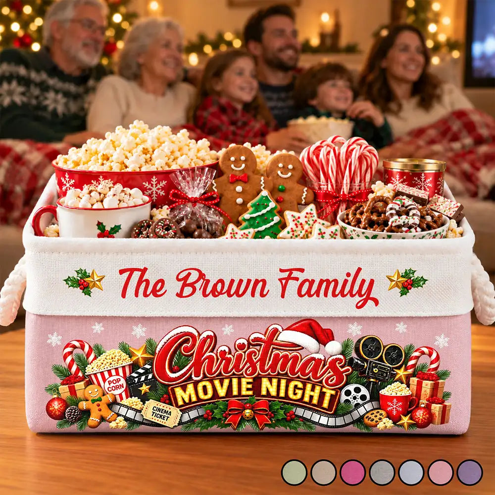 Gift For Holiday Gathering - Personalized Family Name Christmas Eve Movie Night Snack Storage Basket Storage Basket