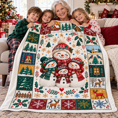 Snowman Grandma Grandkids Hugging - Personalized Fleece Blanket - Christmas Gift for Grandma, Grandkids