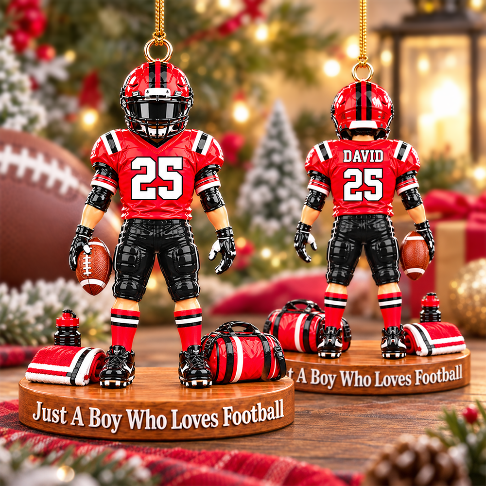Luxury Personalized Football Player Christmas Ornament, Custom Name, Number & Uniform Colors, Just a Boy Who Loves Football Gift