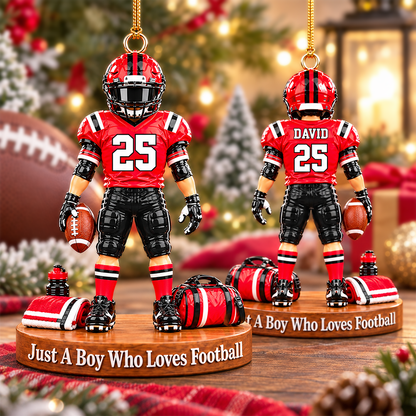 Luxury Personalized Football Player Christmas Ornament, Custom Name, Number & Uniform Colors, Just a Boy Who Loves Football Gift