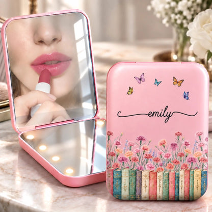 Custom Name Floral Butterfly Bookish Gifts For Book Lovers, Women - Personalized LED Compact Makeup Mirror