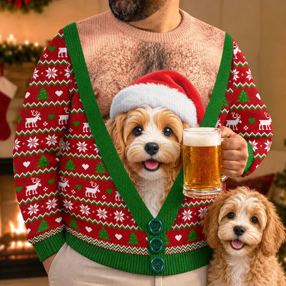 Christmas Gag Gift For Pet Dad - Personalized Custom Photo Pet Face Hairy Chest Abs Body Unisex Ugly Sweater