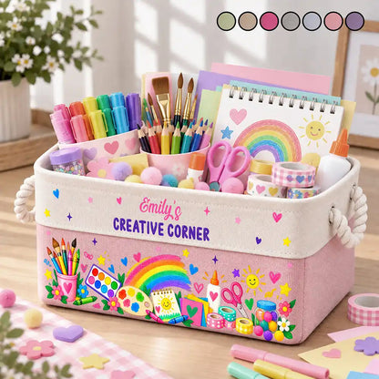 Gift For Kids Grandkids - Personalized Name Art & Scraft Supplies With Rainbow Storage Basket