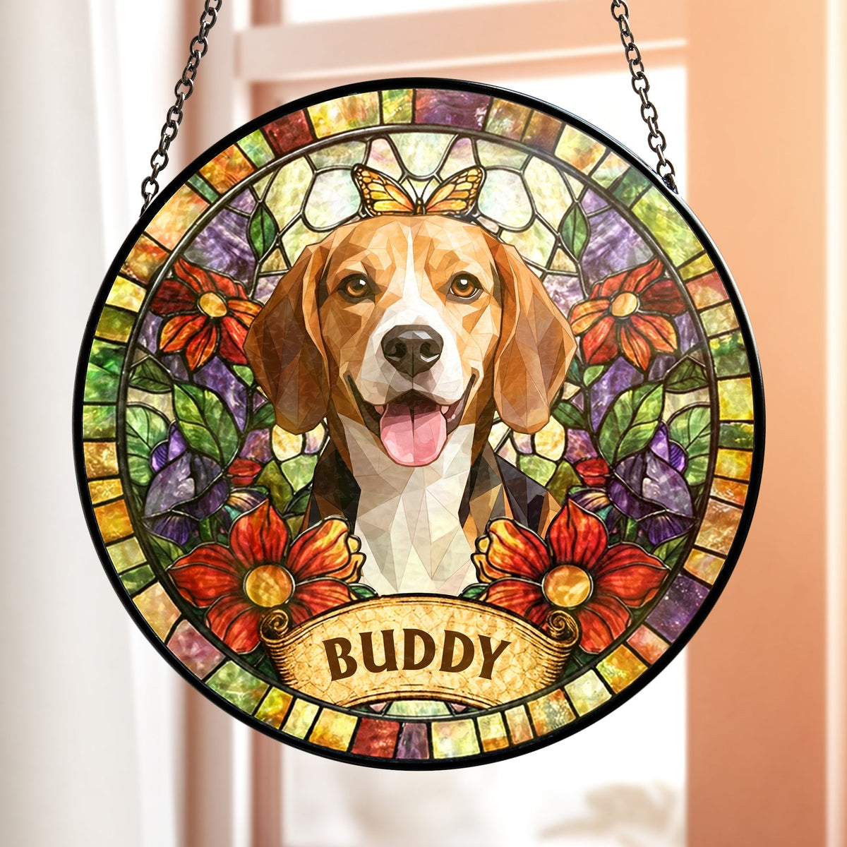 Personalized Pet Portrait Stained Glass Suncatcher – Custom Photo Window Hanging, Unique Keepsake Gift for Pet Lovers