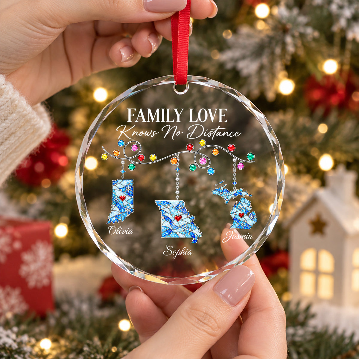 Family Love Knows No Distance - Personalized Glass Ornament - Togetherness Christmas Gift for Sisters, Children
