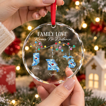 Family Love Knows No Distance - Personalized Glass Ornament - Togetherness Christmas Gift for Sisters, Children