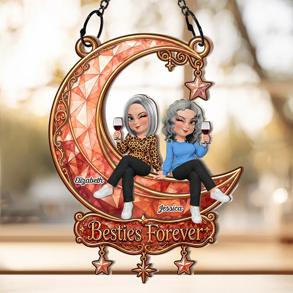 Best Friend Keepsake - Personalized Besties Forever Sitting On Moon Window Hanging Suncatcher Ornament