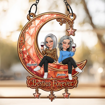 Best Friend Keepsake - Personalized Besties Forever Sitting On Moon Window Hanging Suncatcher Ornament