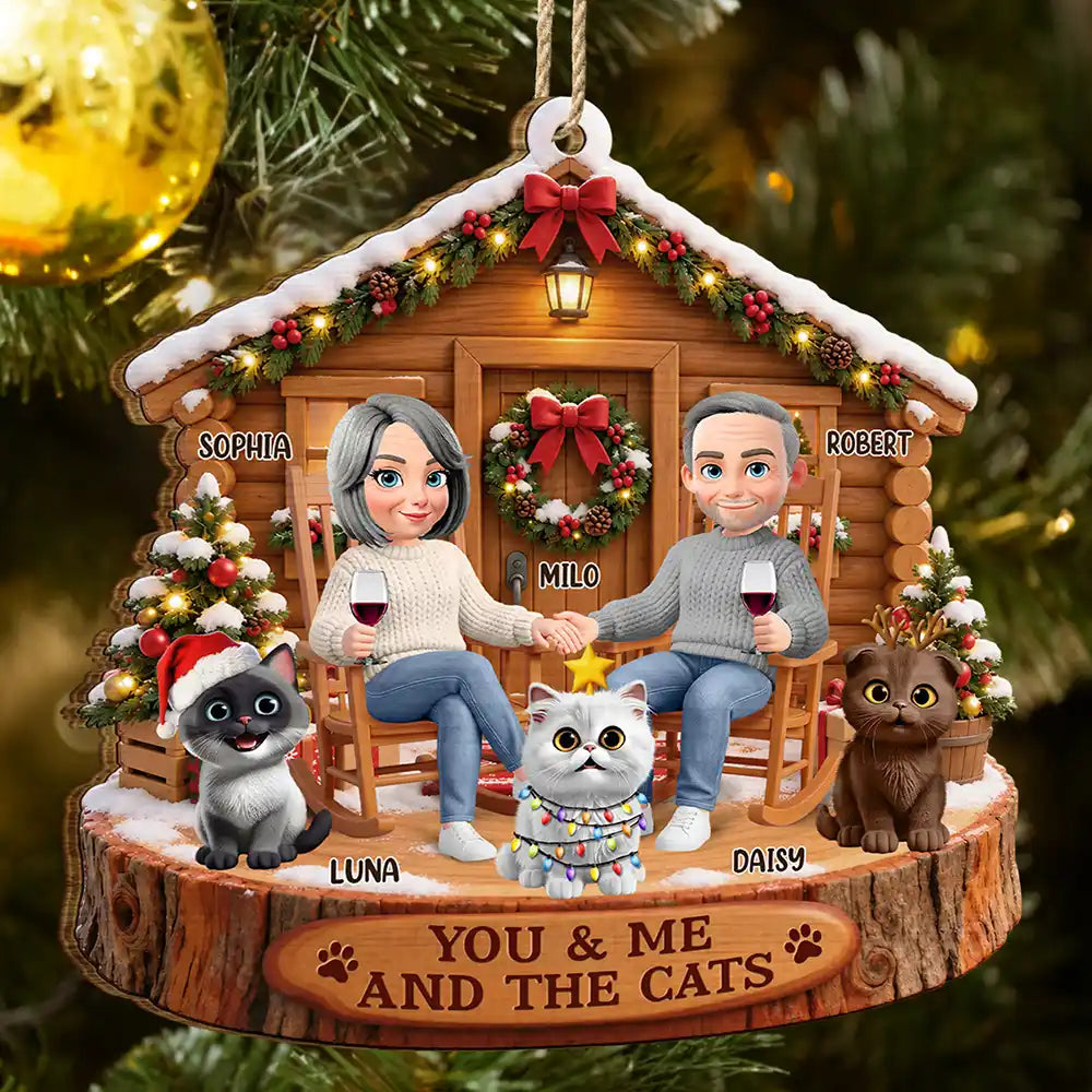 Christmas Gift For Pet Couples - Personalized You & Me And The Cat Wooden Ornament