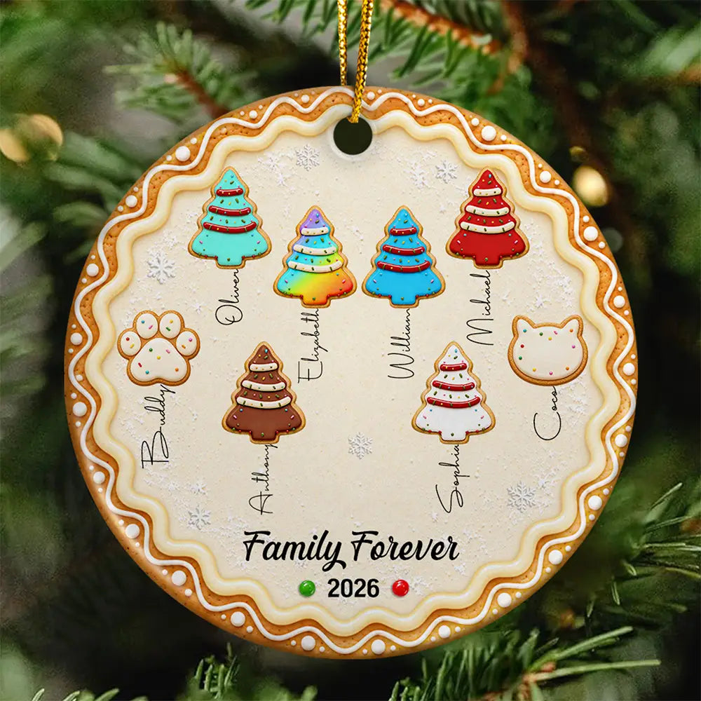 Christmas Gifts For Family - Personalized Family Forever Linked Together Gingerbread Style Circle Ceramic Ornament