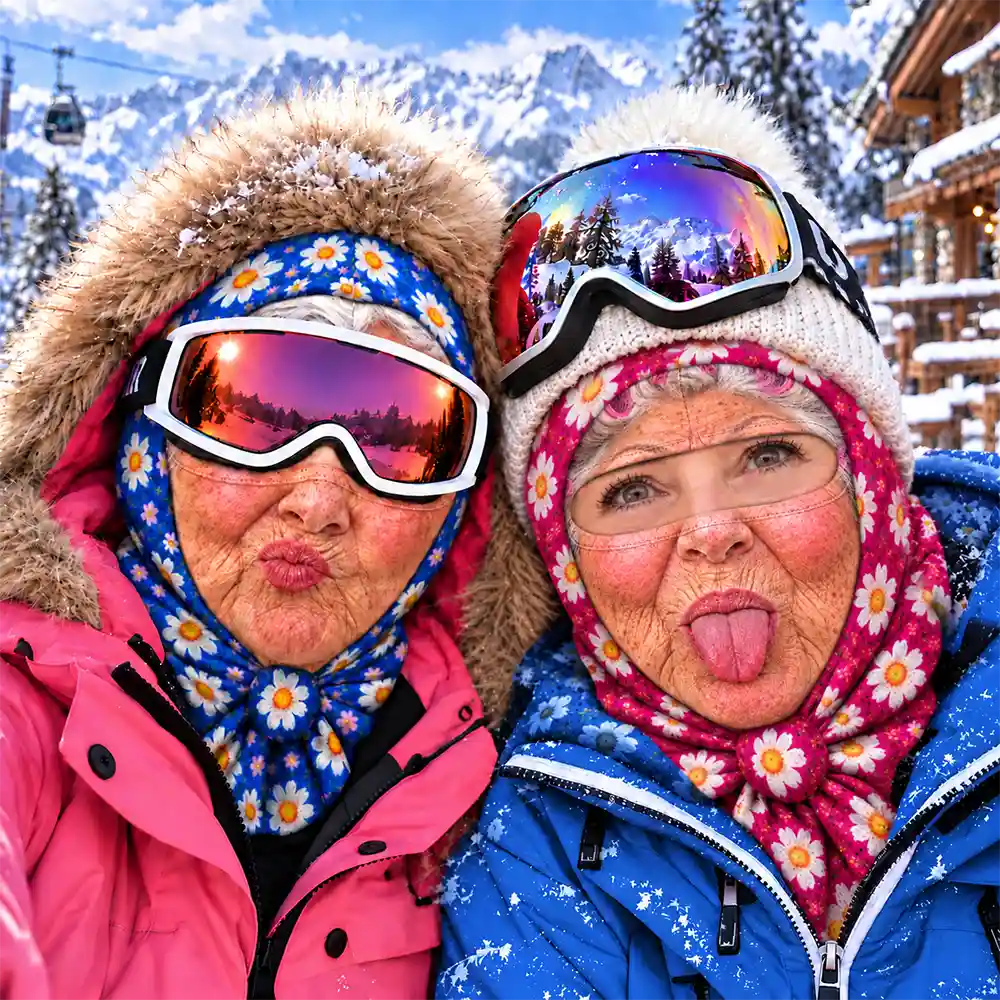 Winter Skiing Gag Gift For Bestie, Girl Group - Personalized 3D Realistic Funny Old Lady Face Balaclava Face Mask
