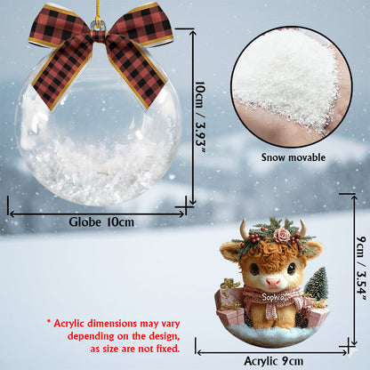 Highland Cow Christmas - Personalized Highland Cow Snow Globe Ornament With Bow