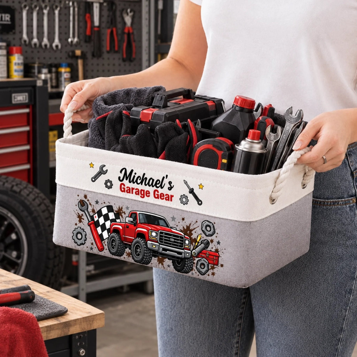 Custom Name Garage Truck Gear Decor - Personalized Storage Basket - Fueled By Grit And Grease