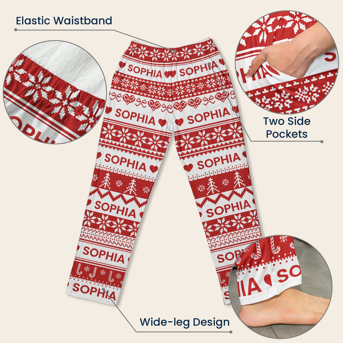 Xmas Gift, Custom Name, Fair Isle Knit Pattern - Personalized Lounge Pants