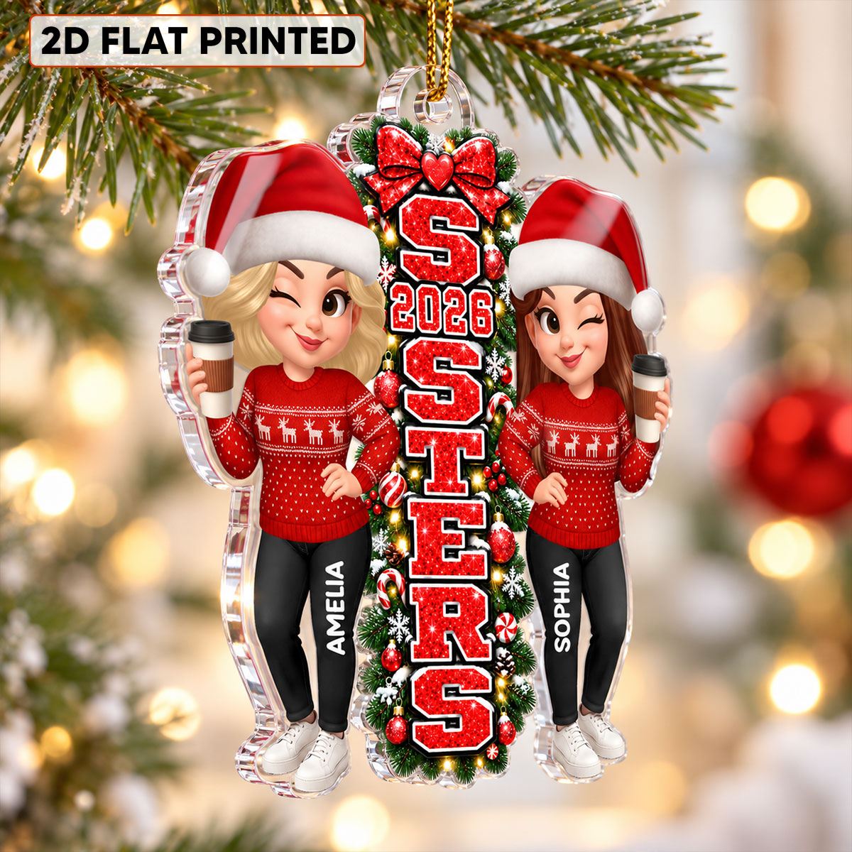 Christmas Sisters Forever - Personalized Acrylic Ornament - Christmas Gift For Friends, Family, Girls