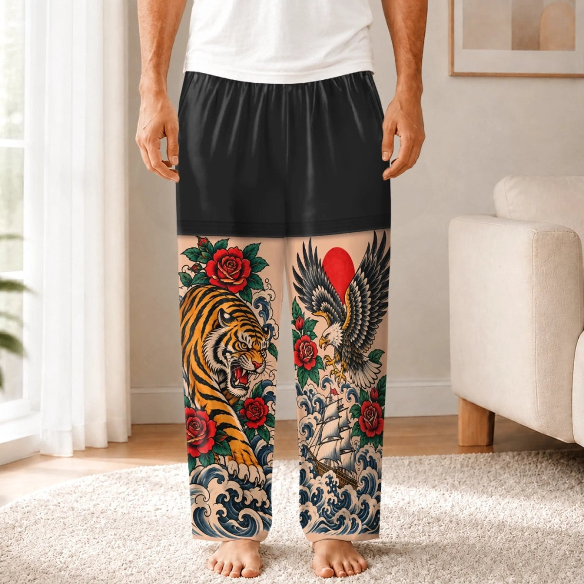 Custom Tiger Eagle Tattoo Art Gifts for Men - Personalized Pajamas Pants