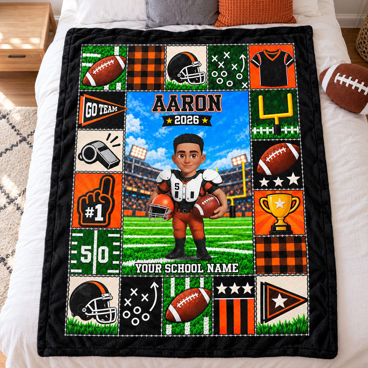 Football Star Custom Name And Number - Personalized Fleece Blanket - Gift For Football Players, Grandkids, Boys, Girls