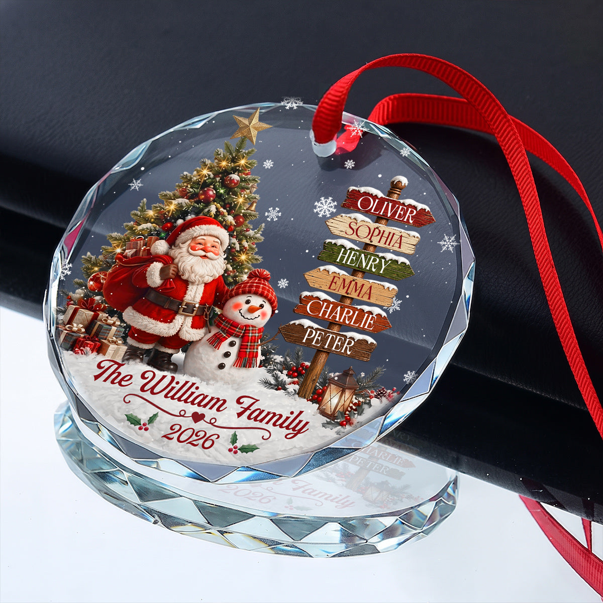 Family Christmas Santa Snowman - Personalized Round Shaped Glass Ornament