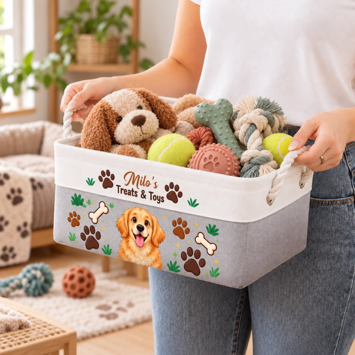 Custom Name Dog Treats And Toys Gifts For Dog Lovers - Personalized Photo Storage Basket - Spoiled With Love And Snacks