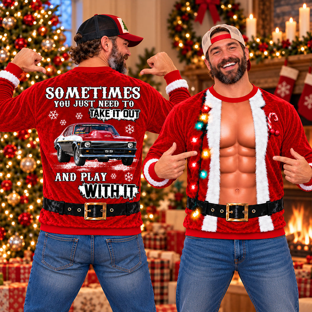 Take It Out & Play - Funny Muscle Santa - Custom Photo Car Christmas Sweatshirt - Gift For Car Lovers A2110