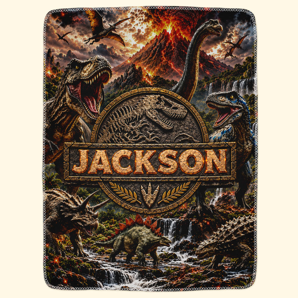 Custom Kid Name Dinosaur Jurassic T-Rex Boys Room Decor Toddler - Personalized Blanket