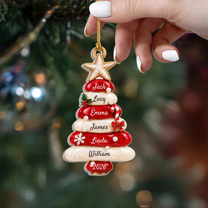 Red Sea Glass Family Tree Name - Personalized 3D Relief White Acrylic Ornament