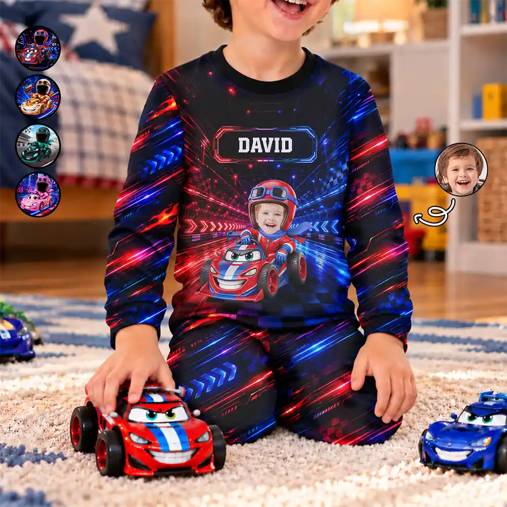Gift For Kids Boys - Personalized Custom Photo Photo & Name Race Car Driver With Lightning Kid Pajamas Set