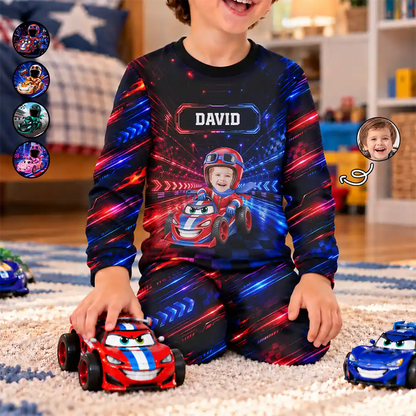 Gift For Kids Boys - Personalized Custom Photo Photo & Name Race Car Driver With Lightning Kid Pajamas Set
