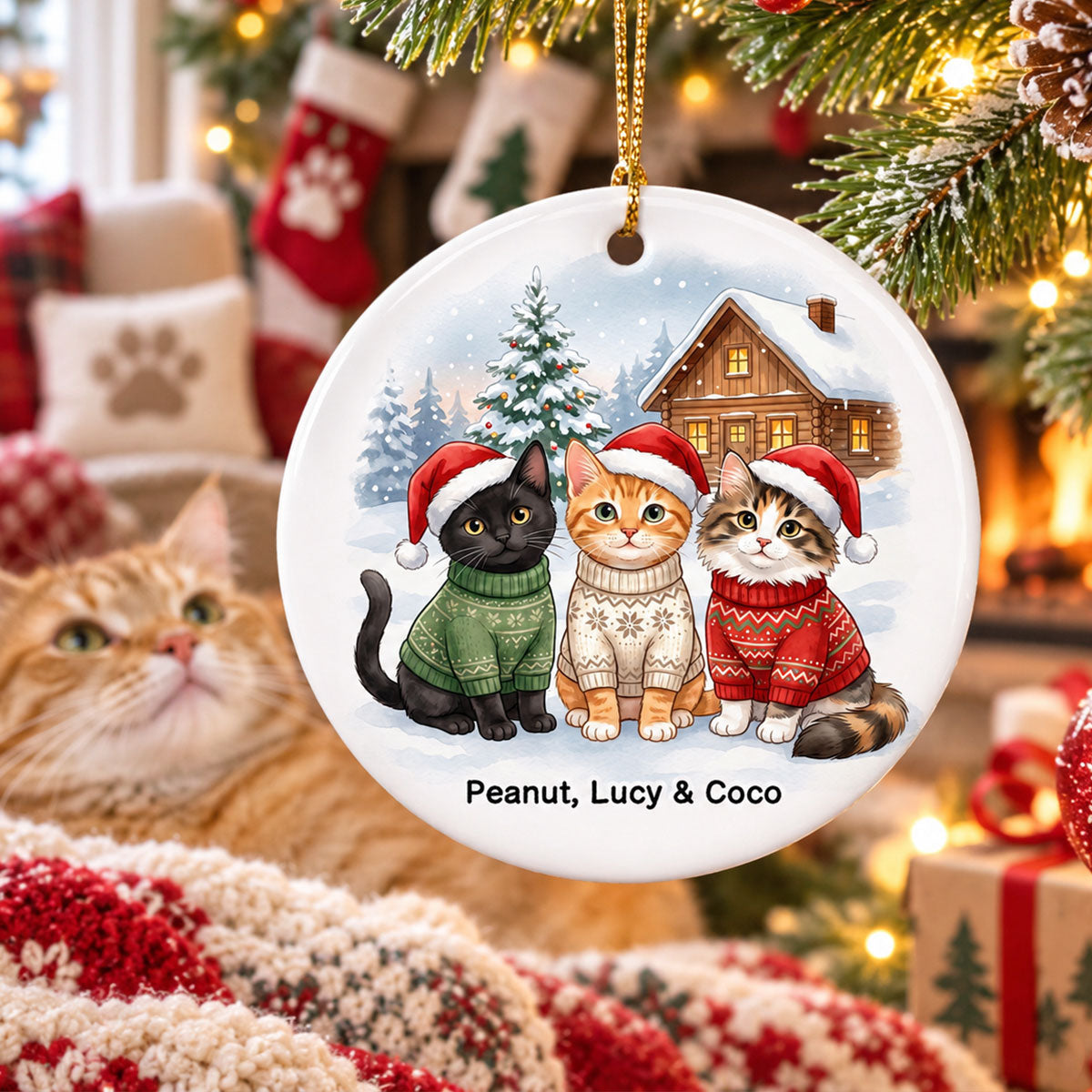 Christmas Cat Dog Upload Photo - Personalized Ceramic Ornament - Gift For Cat Lover, Dog Lover