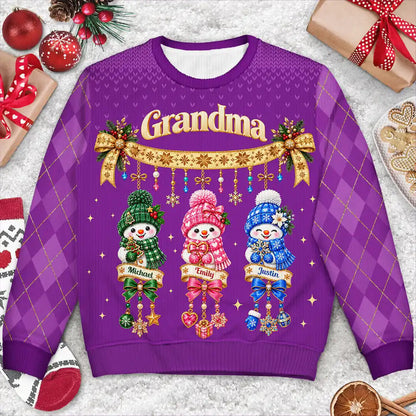 Christmas Gift For Grandma - Personalized Grandkids Snowmen Unisex Ugly Sweater