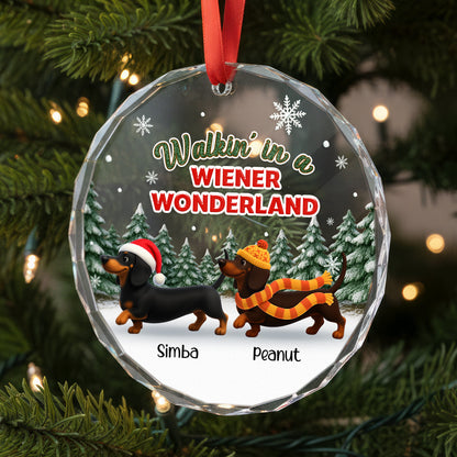 Christmas Dachshunds Walking In A Wiener Wonderland - Personalized Glass Ornament