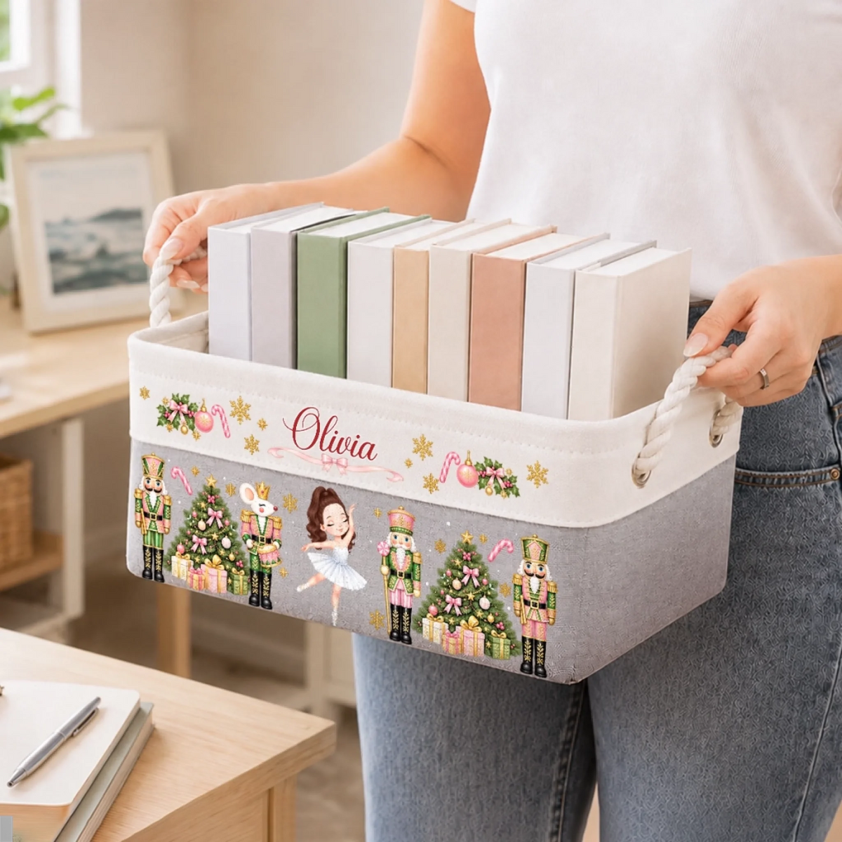 Custom Name Pink Ballerina Nutcracker Christmas Gifts for Girls - Personalized Storage Basket