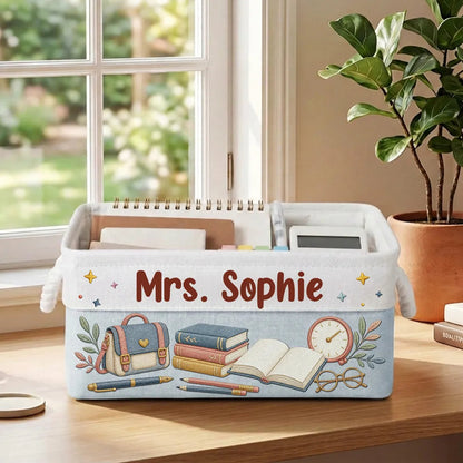 Personalized Rope Basket with Pink Book Art for Classroom or Home Office, Creative Gift for Teachers Who Love Reading