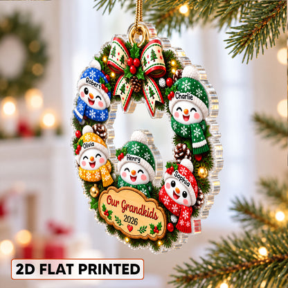 Our Grandkids Snowman Christmas Wreath 2026 - Personalized Acrylic Ornament - Christmas Gift For Kids, Grandkids