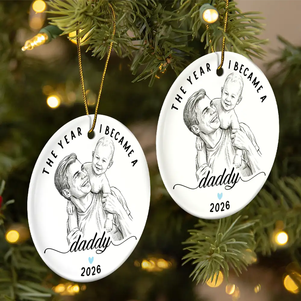 Christmas Gift For New Dad - Personalized Custom Photo Pencil Sketch The Year I Became A Daddy Circle Ceramic Ornament