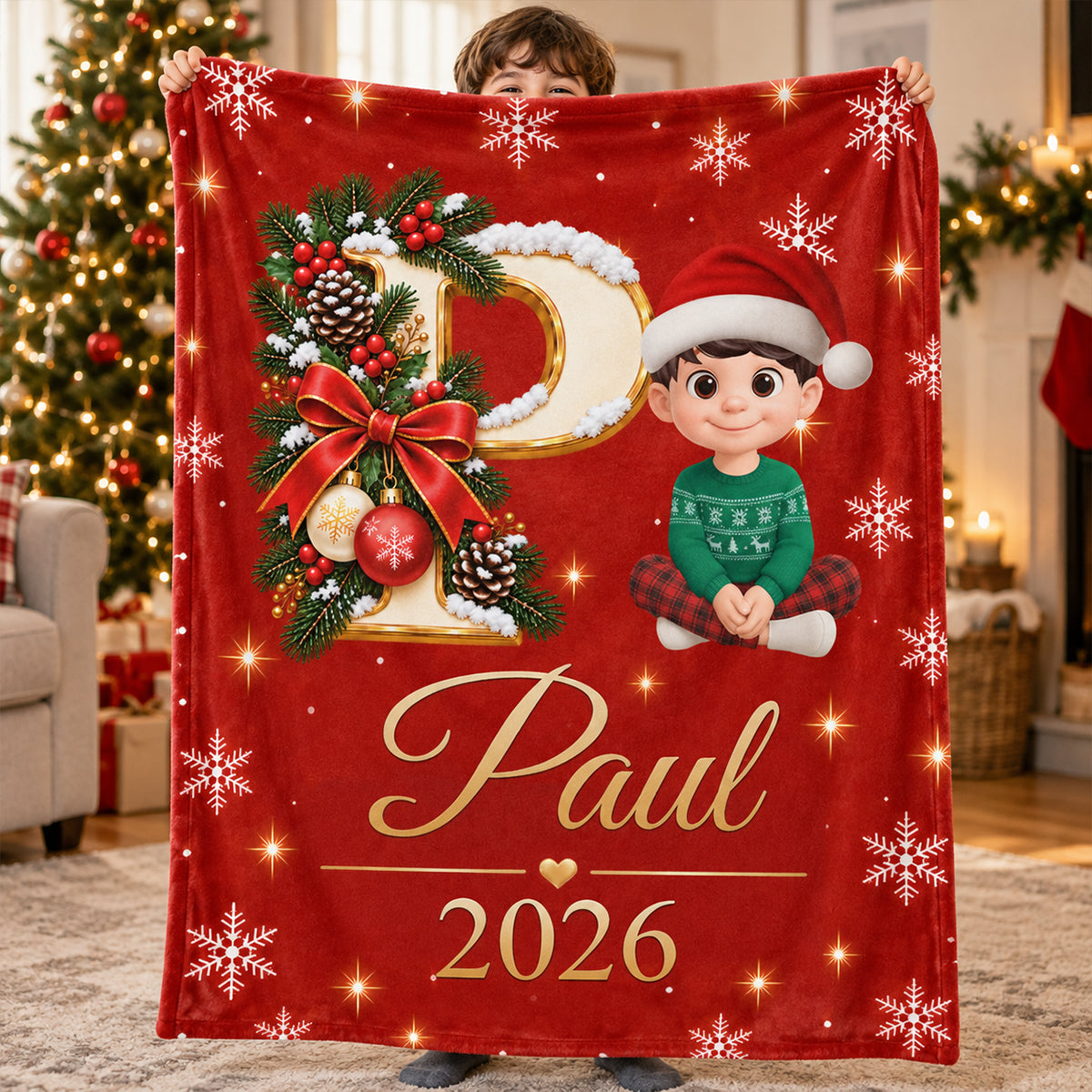 Custom Name Initial Letter - Personalized Fleece Blanket - Christmas Gift for Daughter, Son, Grandkids