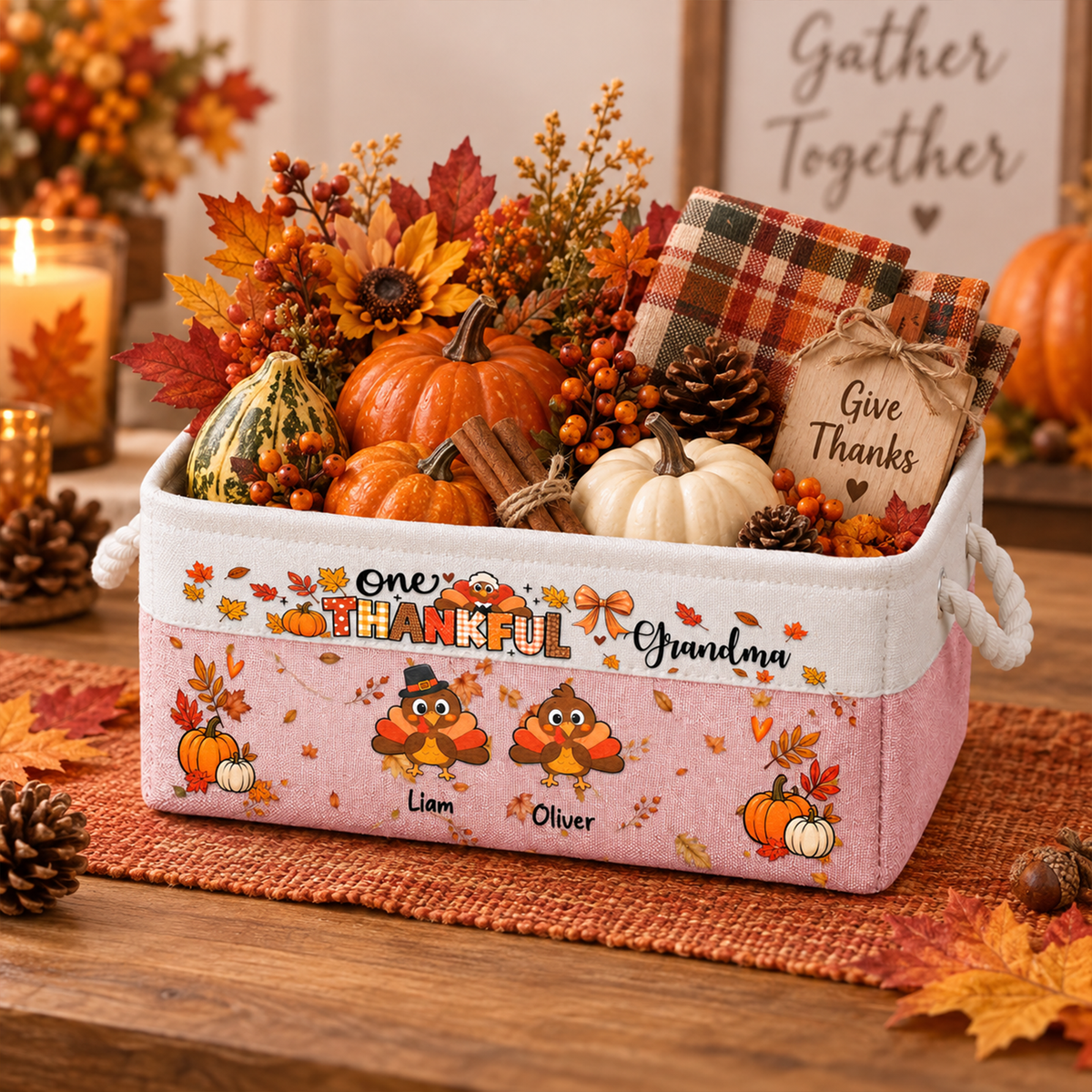 One Thankful Grandma Custom Grandkids Turkey - Thanksgiving Fall Season Decorations - Personalized Storage Basket