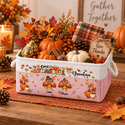 One Thankful Grandma Custom Grandkids Turkey - Thanksgiving Fall Season Decorations - Personalized Storage Basket