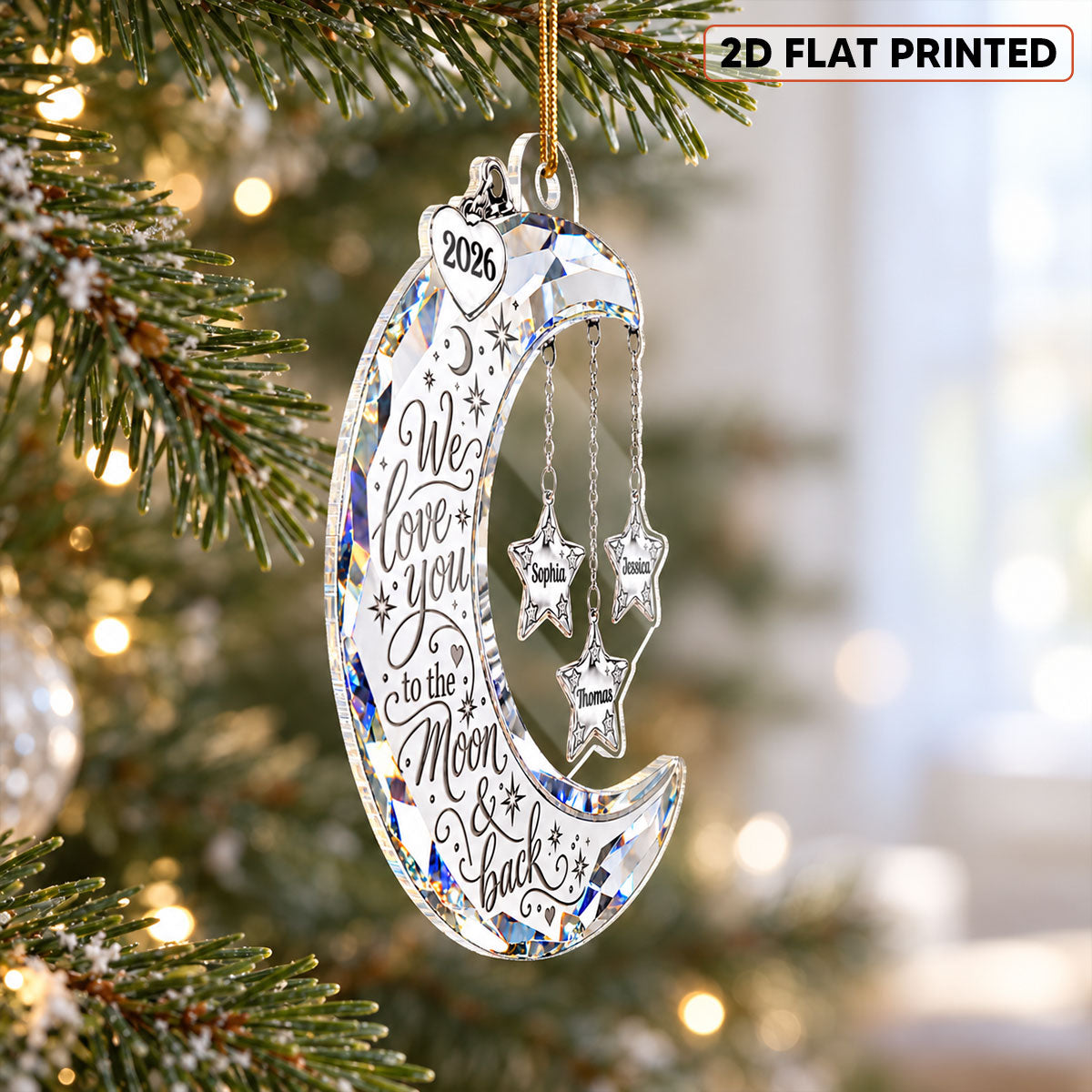 Moon & Stars Crystal Effect Grandkids Names 2D Flat - Personalized Acrylic Ornament - Christmas Gift For Grandma